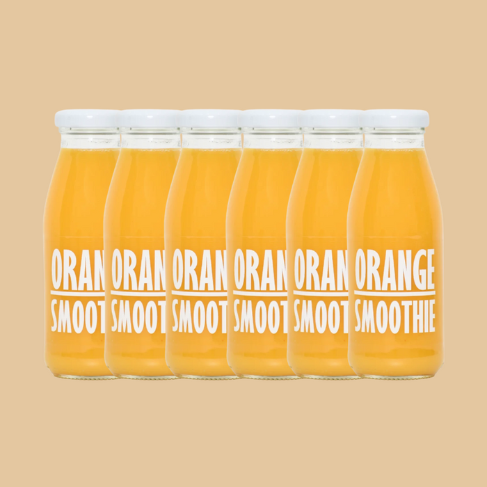 Six-pack of Pressuice Orange Smoothie bottles in recyclable packaging