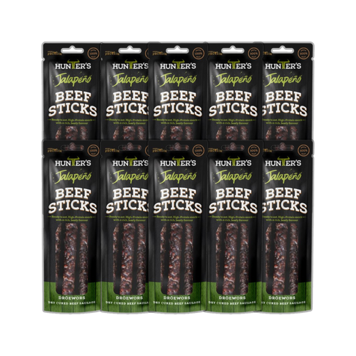 Close-up image of Hunters Jalapeño Beef Sticks highlighting the texture and jalapeño bits.