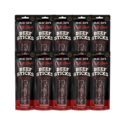 Hunters Chilli Garlic Beef Sticks displayed on a clean white background.