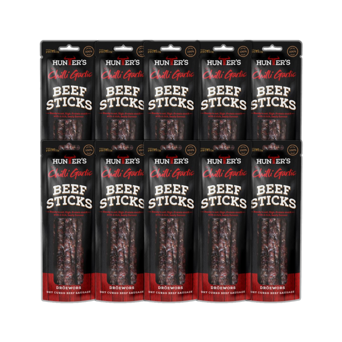 Hunters Chilli Garlic Beef Sticks displayed on a clean white background.
