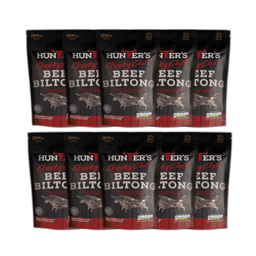 A close-up image showing the texture and spice coating of Hunters Chilli Beef Sliced Biltong.