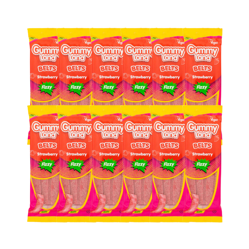 Gummy Land Strawberry Fizzy Belts Sweets 150g (Case of 12)
