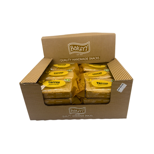 Single RJ Toffee Flapjack 125g unwrapped showing glossy toffee layer over oat base