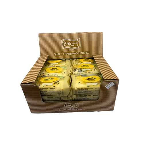 Individually wrapped RJ White Chocolate Flapjack 125g on wooden board