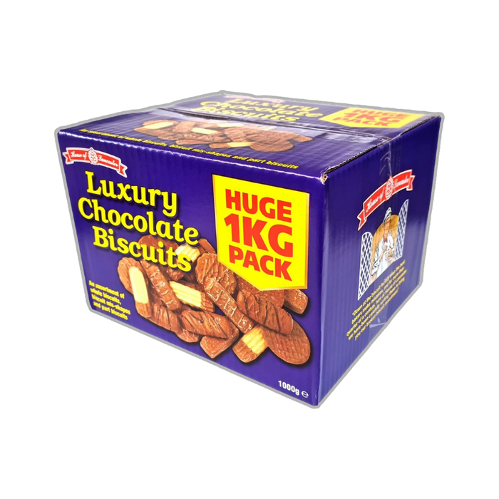 Close-up of chocolate-drizzled broken biscuits from the assortment.