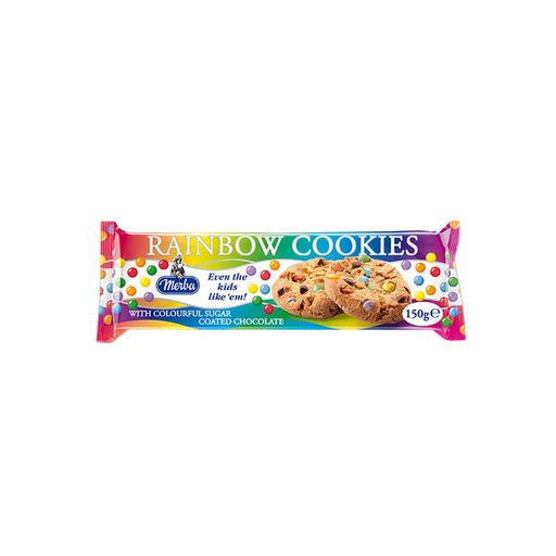 Golden-baked Merba cookies with rainbow sugar-coated chocolates