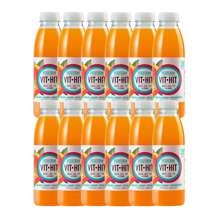 Vit Hit Perform 12-pack with tropical fruits (mango, orange, and passionfruit) on display.
