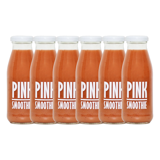 A bottle of Pressuice Pink Smoothie alongside fresh strawberries, raspberries, and bananas.
