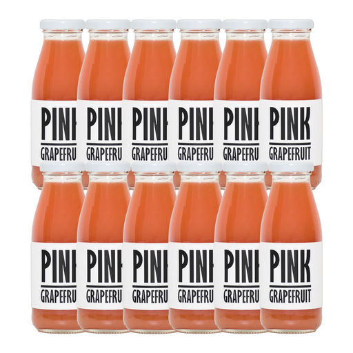 A bottle of Pressuice Pink Grapefruit Juice with fresh grapefruits in the background.