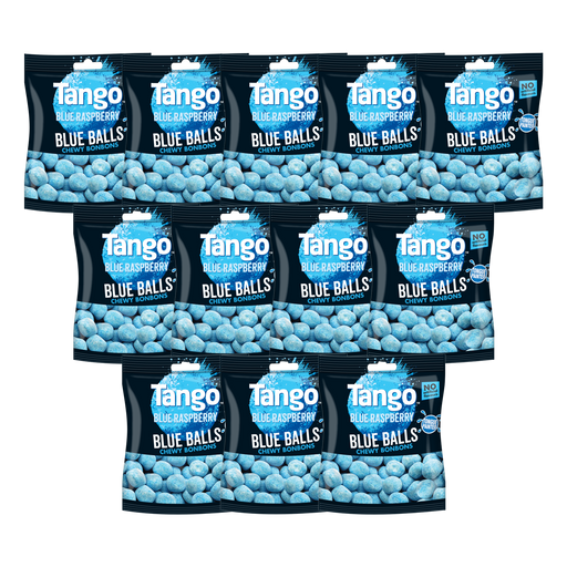 A bag of Tango Blue Balls Bon Bons with one bonbon bitten in half to reveal the chewy inside.