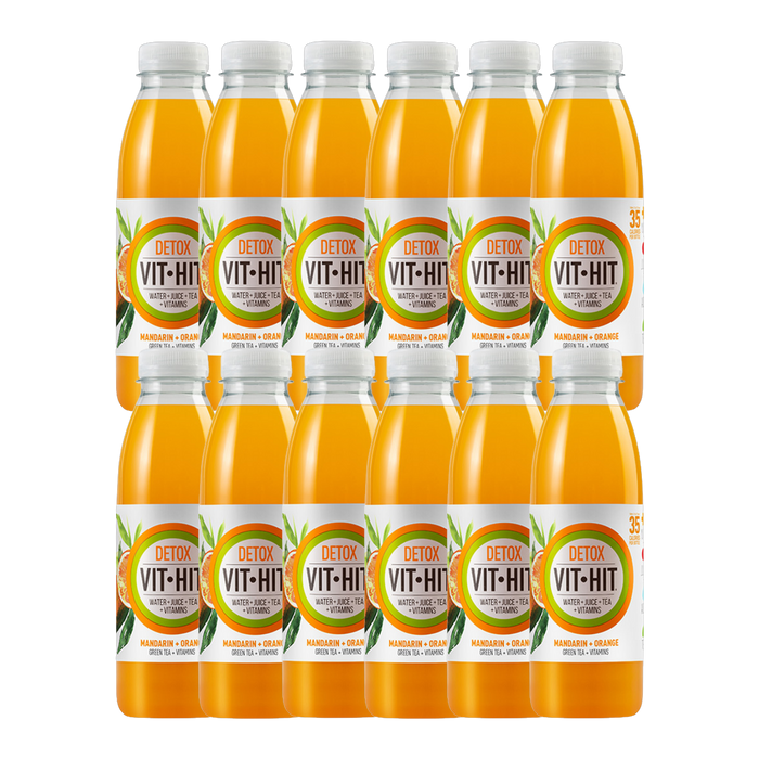 Vit Hit Detox Mandarin & Orange Vitamin Drink 12-pack display with fresh citrus fruits.