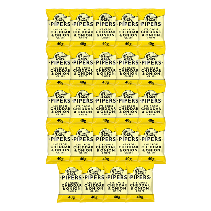 PIPERS Lye Cross Cheddar & Onion Crisps in their 40g packaging.