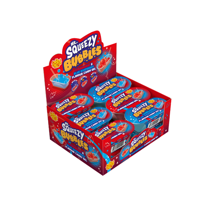 CCC Mr Squeezy Bubbles 43g candy gel in blue raspberry and strawberry flavors.