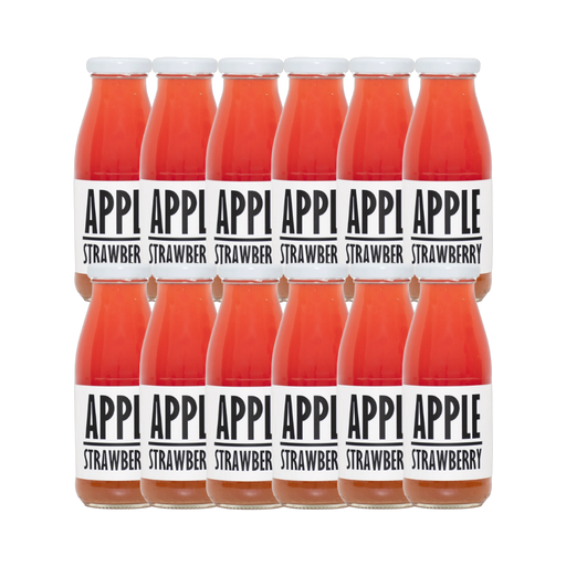 A 250ml bottle of Pressuice Apple-Strawberry Juice with fresh fruit ingredients.