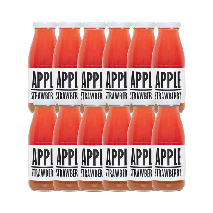 A 250ml bottle of Pressuice Apple-Strawberry Juice with fresh fruit ingredients.