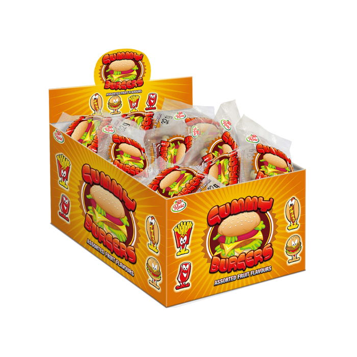 Candy Castle Crew Gummy Burgers in their bright packaging.