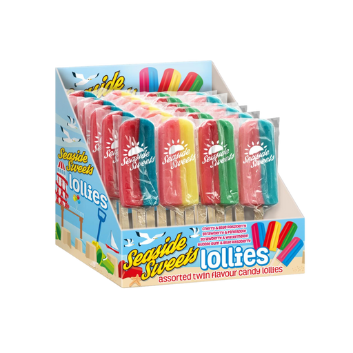 Seaside Ice Cream Lollies in colorful packaging displaying twin flavors.