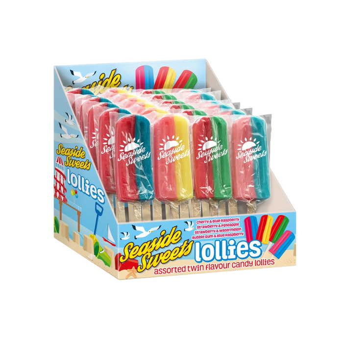 Seaside Ice Cream Lollies in colorful packaging displaying twin flavors.