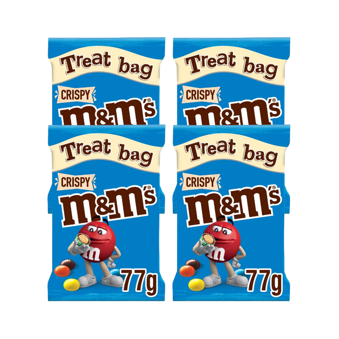 Close-up of M&M's Crispy Treat Bag packaging showcasing the colorful candy shells.