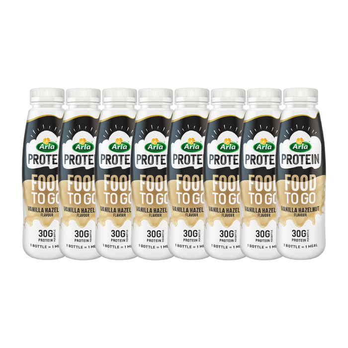 A bottle of Arla Protein Food to Go Vanilla Hazelnut, highlighting its high-protein content.