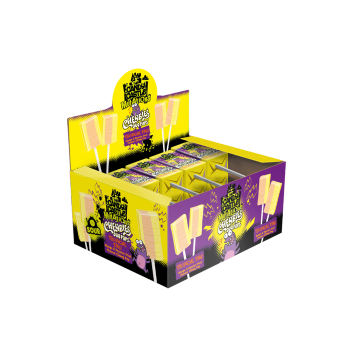 CCCM Duo Pops Tropical Ting lollipops in their colorful packaging.
