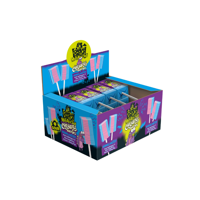 CCCM Duo Pops Bubbleberry lollipops in their colorful packaging.