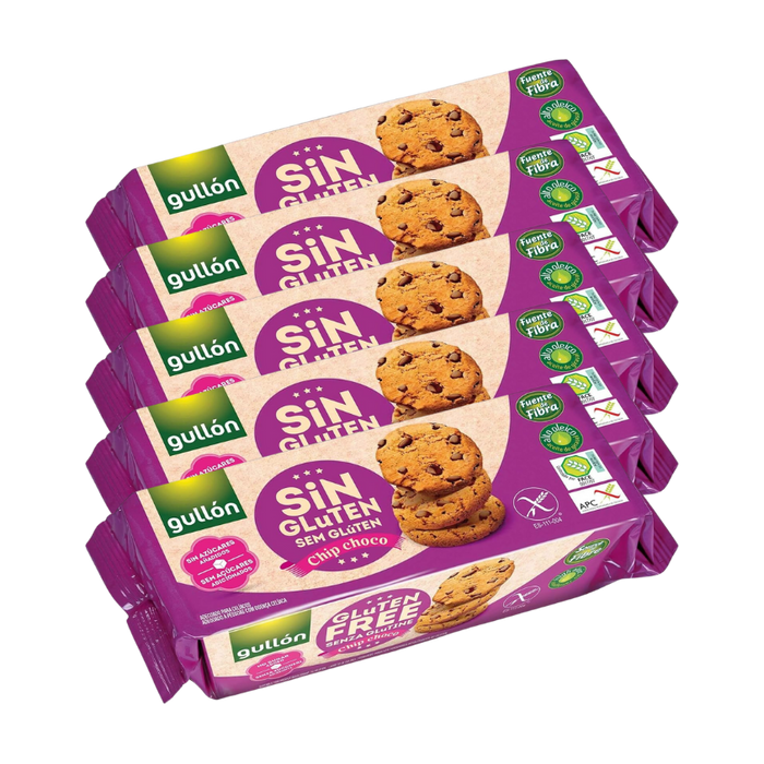 Pack of Gullon gluten free chocolate chip cookies with visible cookie texture