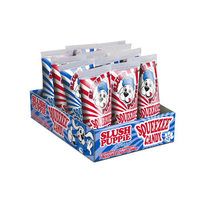 SLUSH PUPPiE Squeezee Candy tubes displayed with classic blue raspberry and strawberry flavors.