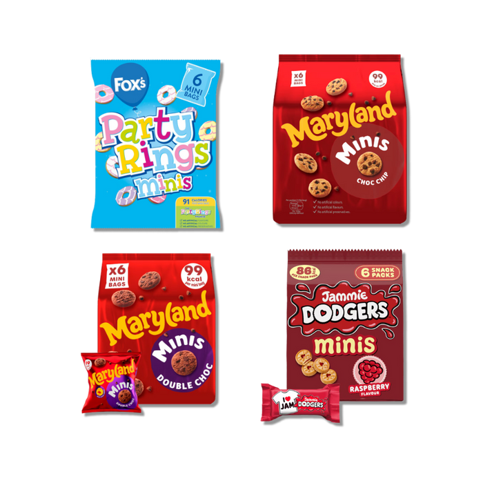 Mini Jammie Dodgers, Maryland Cookies, and Fox's Party Rings snacks displayed together.