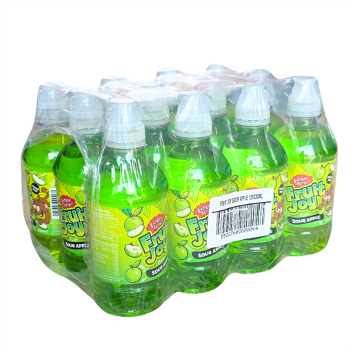 Pack of 12 Fruit Joy Sour Apple sugar-free still juice bottles, 330 ml each, green-labeled cardboard case with visible bottles and product branding