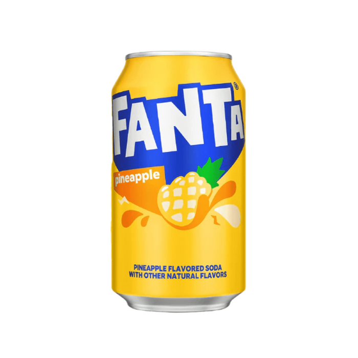 Fanta Pineapple 12 x 355ml cans — twelve bright yellow-orange aluminum cans with the Fanta logo and pineapple graphic shown neatly arranged in a cardboard carrier against a white background