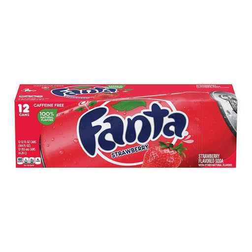 Pack of 12 Fanta Strawberry 12 fl oz cans — bright pink aluminum soda cans with white Fanta logo and strawberry graphics, chilled and ready to serve.