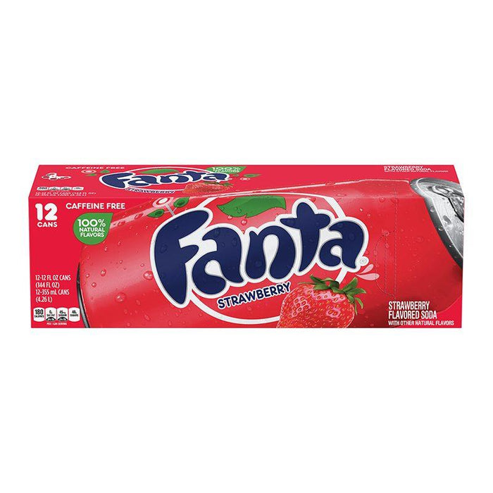 Pack of 12 Fanta Strawberry 12 fl oz cans — bright pink aluminum soda cans with white Fanta logo and strawberry graphics, chilled and ready to serve.