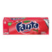 Pack of 12 Fanta Strawberry 12 fl oz cans — bright pink aluminum soda cans with white Fanta logo and strawberry graphics, chilled and ready to serve.