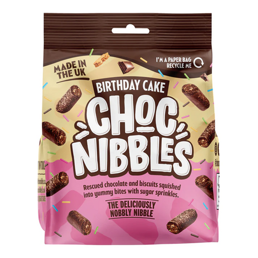 Box of 12 Chocolate Nibbles Birthday Cake snacks (12 x 135g) — colorful birthday-themed packaging showing chocolate cake bites with sprinkles, ideal for parties