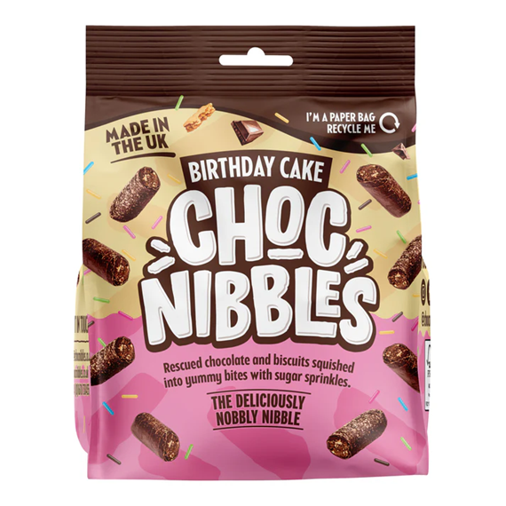 Box of 12 Chocolate Nibbles Birthday Cake snacks (12 x 135g) — colorful birthday-themed packaging showing chocolate cake bites with sprinkles, ideal for parties