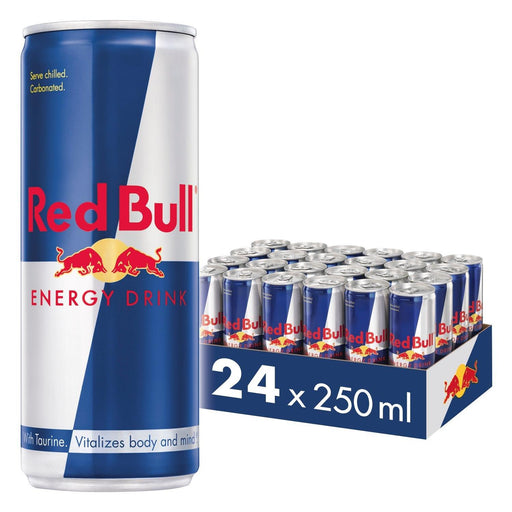 Case of Red Bull 24 x 250 ml (EU) — cardboard 24-pack showing silver-and-blue Red Bull energy drink cans with red charging-bulls logo