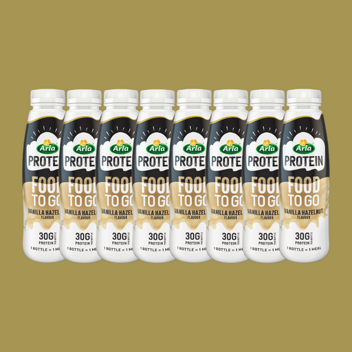 A pack of 8 Arla Protein Vanilla Hazelnut bottles, ideal for meal prep and workouts.