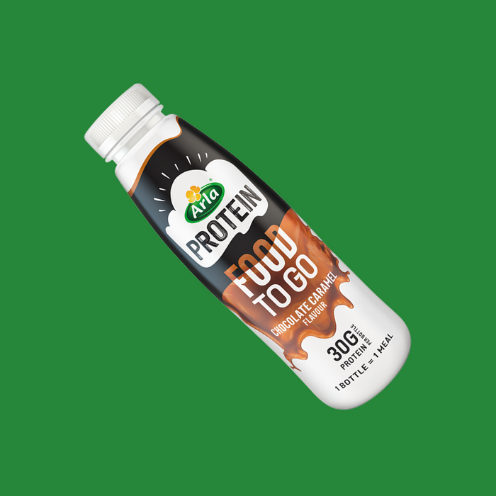 A gym bag with an Arla Protein shake, illustrating its on-the-go convenience.