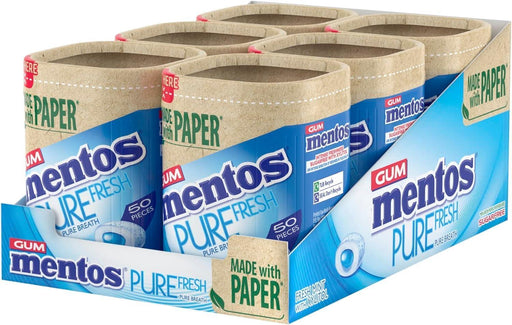 Six blue Mentos candy packs (6 × 50 pieces) stacked together on a white background, bright blue packaging with prominent MENTOS logo showing a bulk multipack of chewy mints.