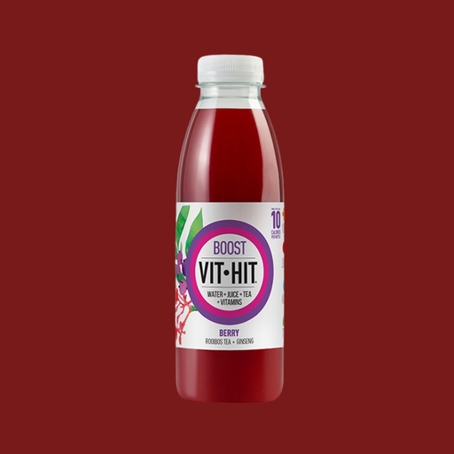 Close-up of a single Vit Hit Berry Boost bottle, showcasing its refreshing berry flavor.