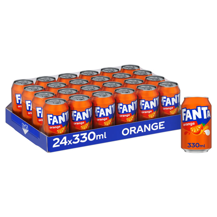 Cardboard 24-pack of Fanta Orange 330ml cans (GB) — bright orange cans with Fanta logo and orange-slice graphics