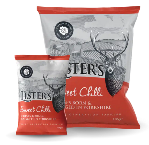 Listers Crisps Sweet Chilli 40g packet — red branded bag with Listers logo, 'Sweet Chilli' label and image of chilli peppers and crispy potato slices.