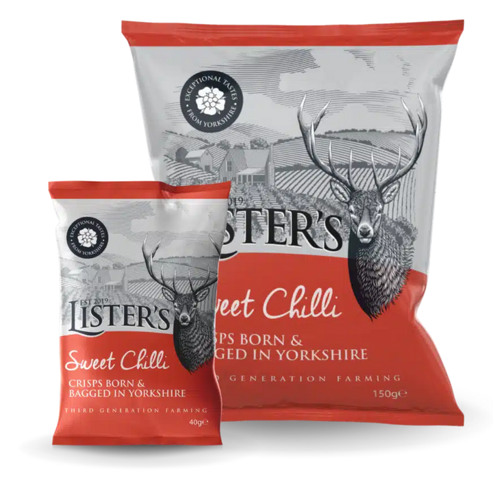 Listers Crisps Sweet Chilli 40g packet — red branded bag with Listers logo, 'Sweet Chilli' label and image of chilli peppers and crispy potato slices.