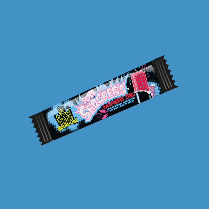 A close-up of the chew bar showing its vibrant pink color and blue crunchy pieces.