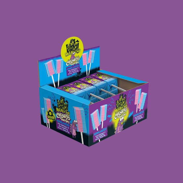 A hand holding a CCCM Duo Pop with a blurred candy display in the background.