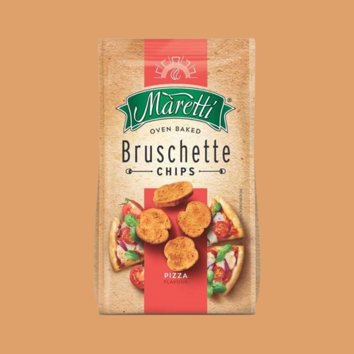 Close-up of Maretti pizza-flavoured bruschette chips