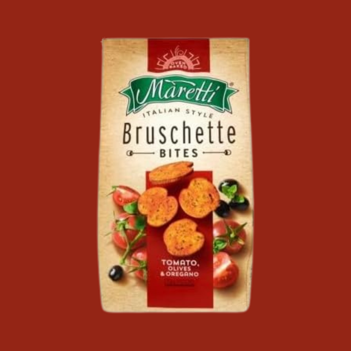 Maretti Bruschette Chips served with dips on a wooden board