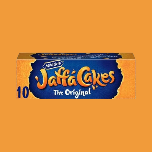 A Jaffa Cake with visible sponge, orange jelly centre, and chocolate top