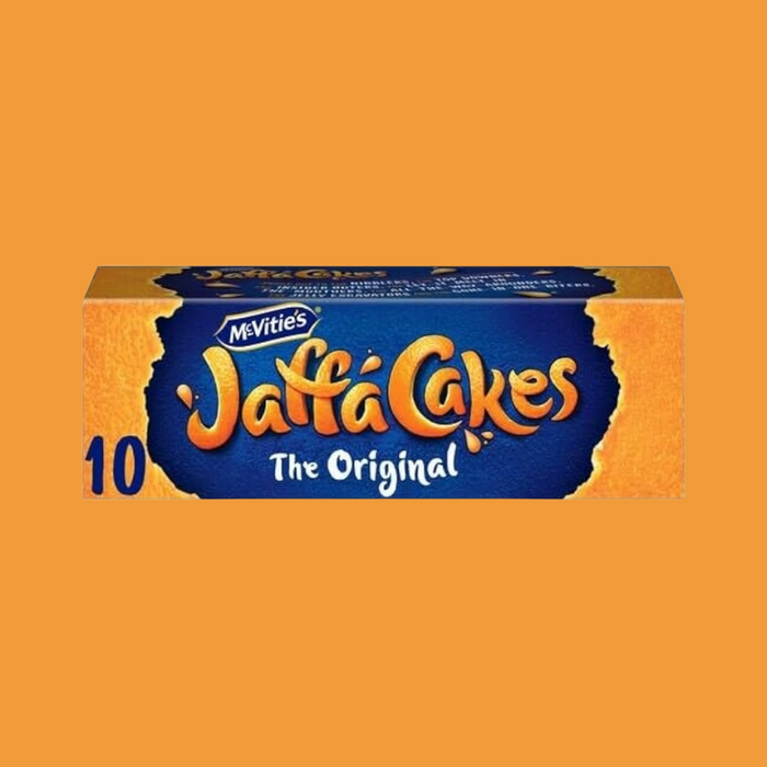A Jaffa Cake with visible sponge, orange jelly centre, and chocolate top